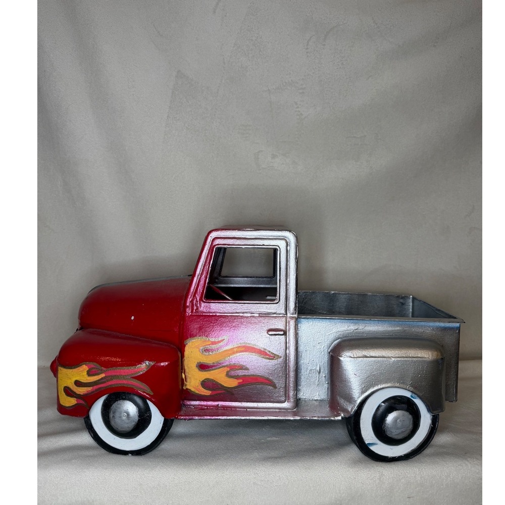 Large 18in Metal Hot Rod Pickup Truck Decor Red Flame Whitewall Vintage Style